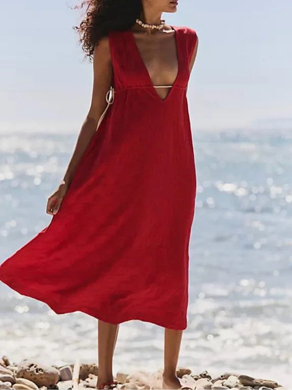 Free People Red Deep V Midi Dress